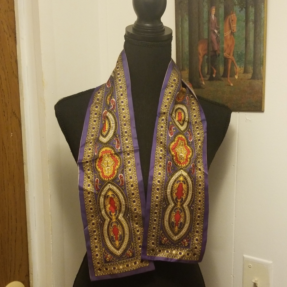 VTG 1970s Paisley Purple Gold Silk Neck Tie Scarf